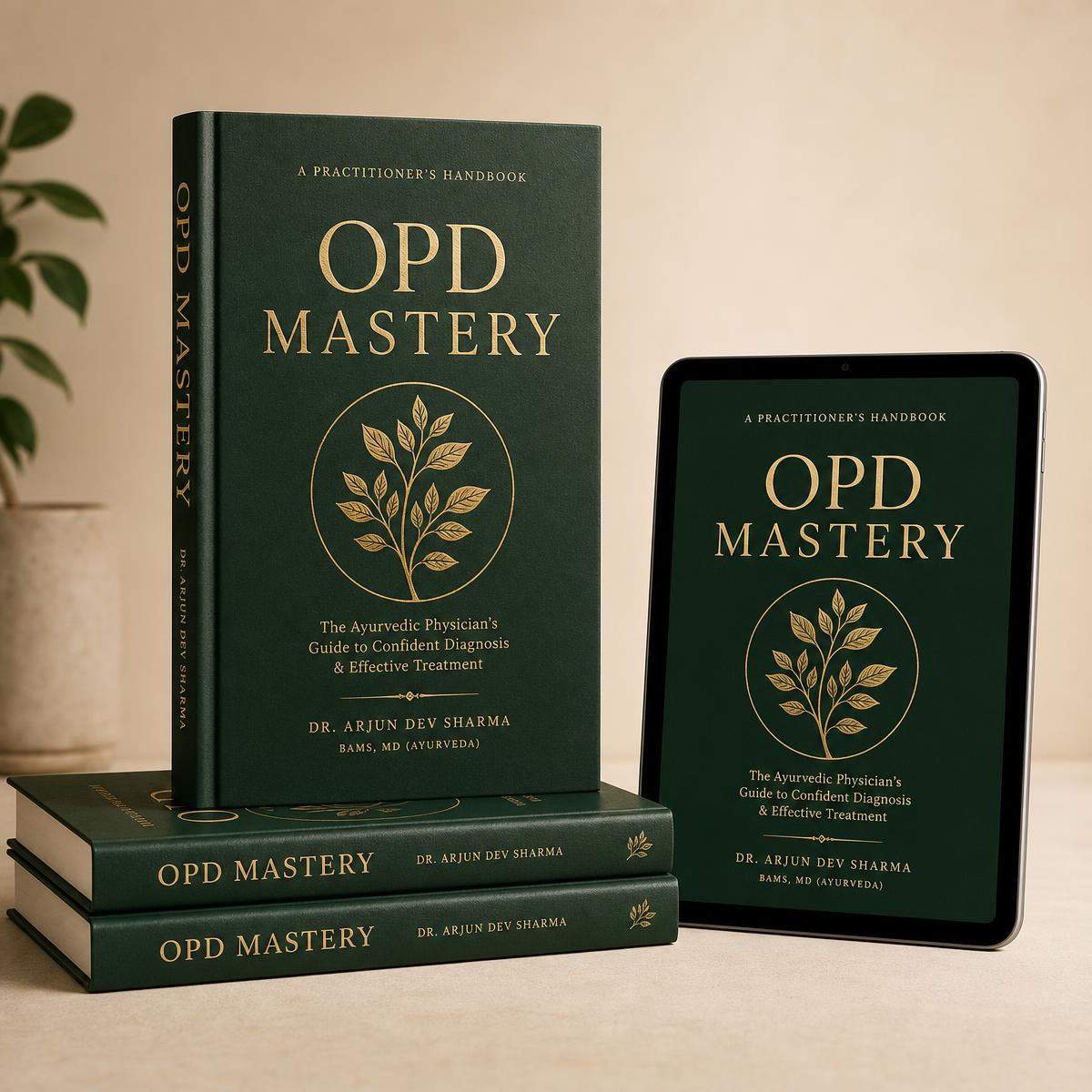 OPD Mastery Ayurvedic handbook printed copy and ebook on a tablet