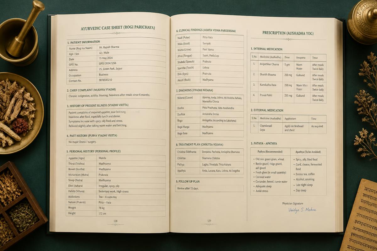 Inside pages of OPD Mastery showing an Ayurvedic case sheet and prescription tables